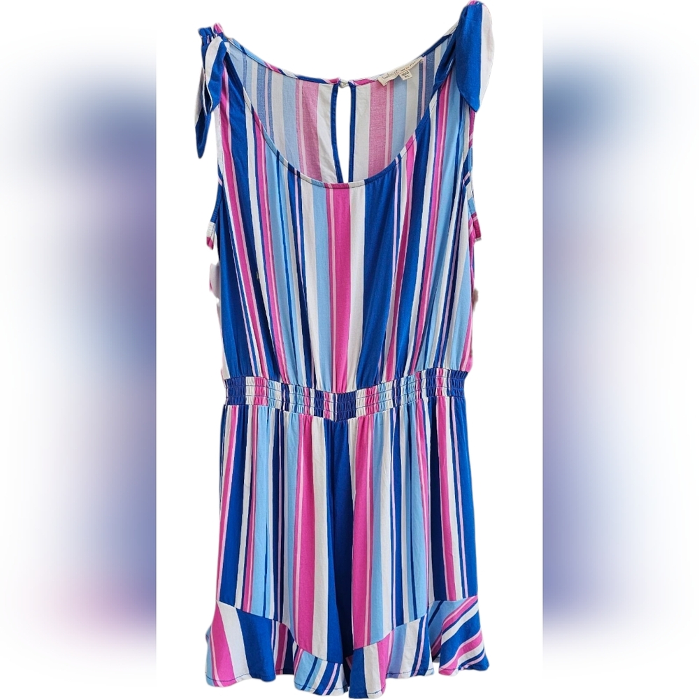 BeBop-NEW Striped Sleeveless Tie-up Romper Ruffled Hem Stretch Waste 100% Rayon - Picture 2 of 8